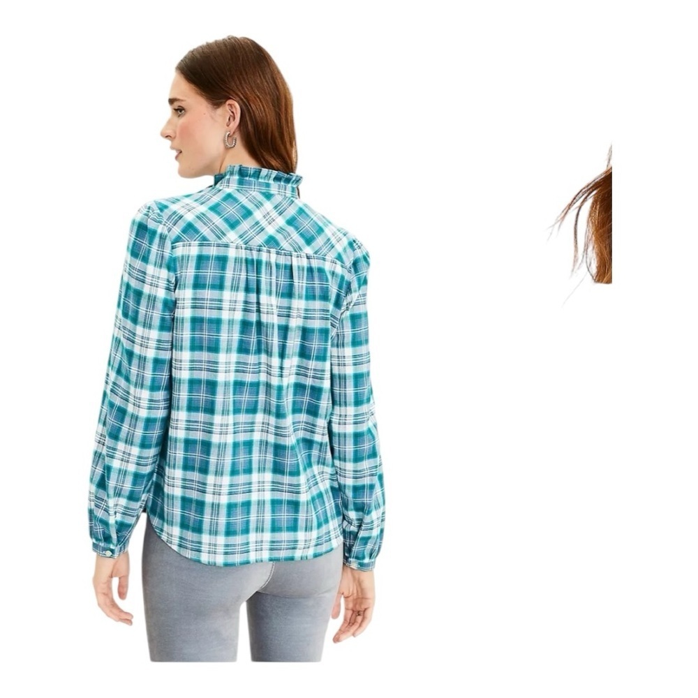 LOFT Green Plaid Ruffle High Neck Ruffle Front Button Down Shirt NEW Size Large - Picture 16 of 16